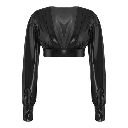 Womens Y2K Metallic Shiny Hip Hop Crop Top Deep V Neck Balloon Long Sleeve Button Cuffs Blouses Tops Disco Party Rock Clubwear