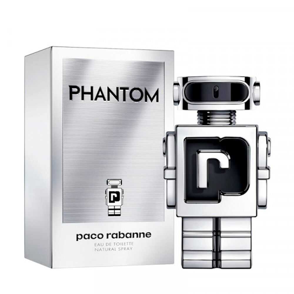 Men's Perfume Paco Rabanne Phantom EDT (100 ml) in a unique robot-shaped bottle with a silver finish.