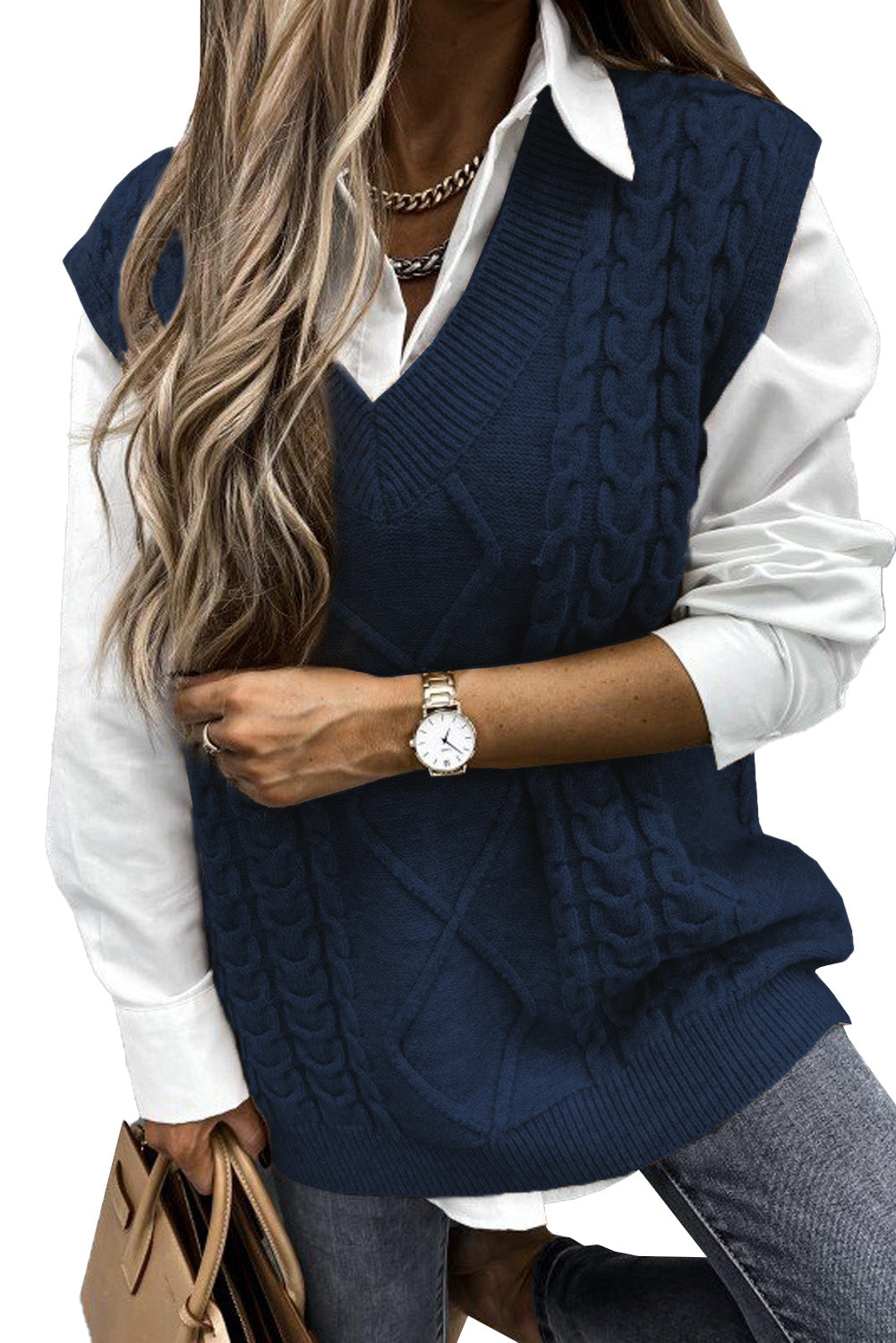 Blue Sleeveless Cable Knitted Sweater Tank