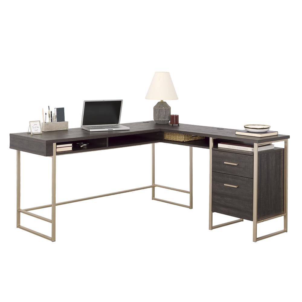 Start2Finish Walter Heights L Desk in Blade Walnut finish with spacious work surface and modern design.