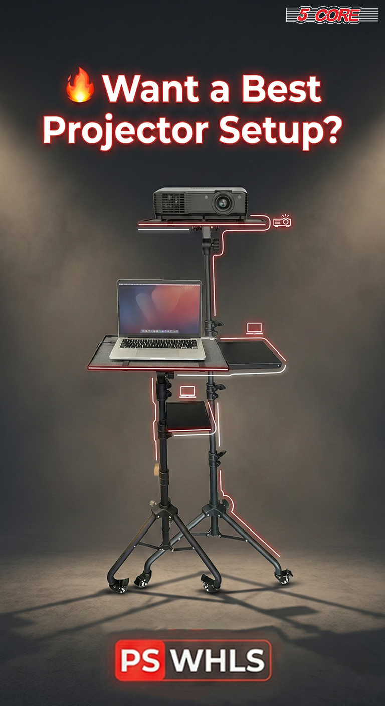Start2Finish adjustable projector stand with two shelves, phone holder, and portable tripod from 29.5 to 71 inches tall.