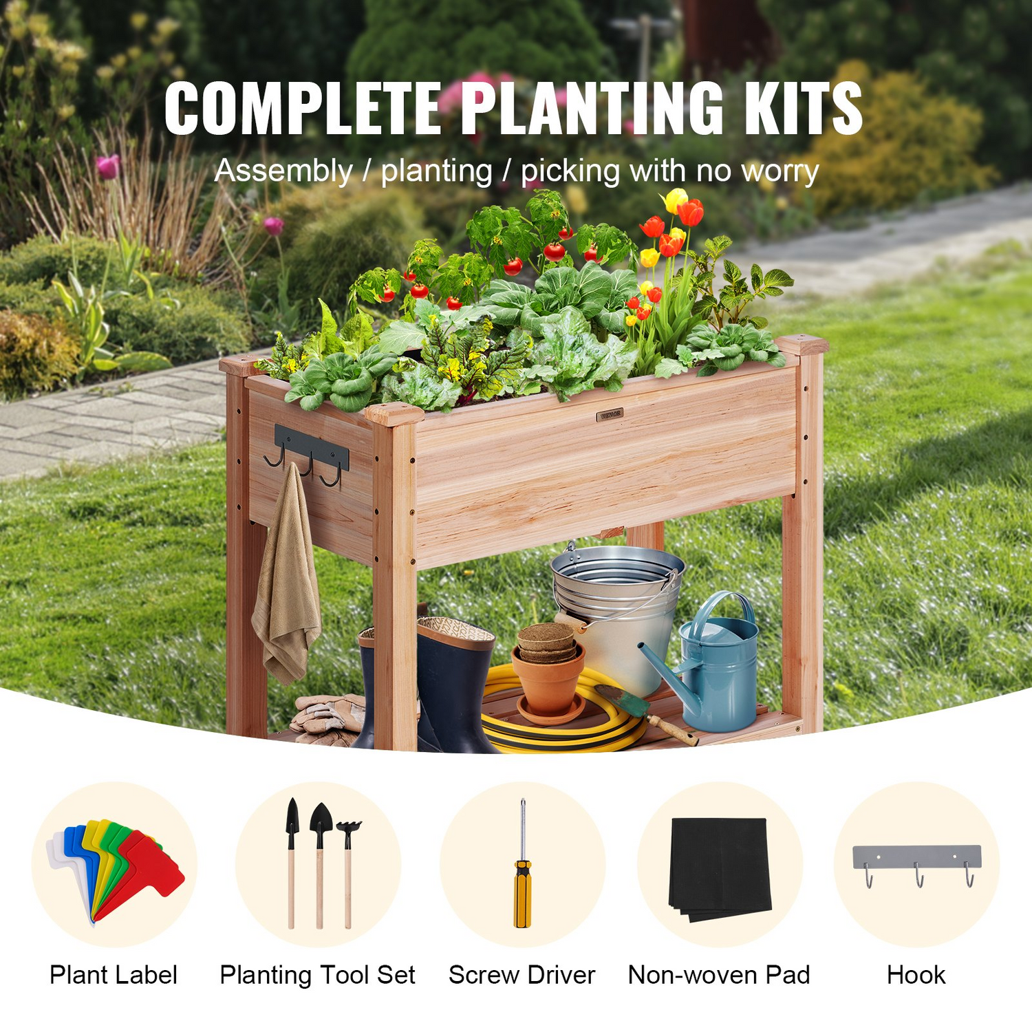 Start2Finish VEVOR raised wooden garden bed, 34x18x30 inches, outdoor planter box with legs for flowers, vegetables, and herbs.