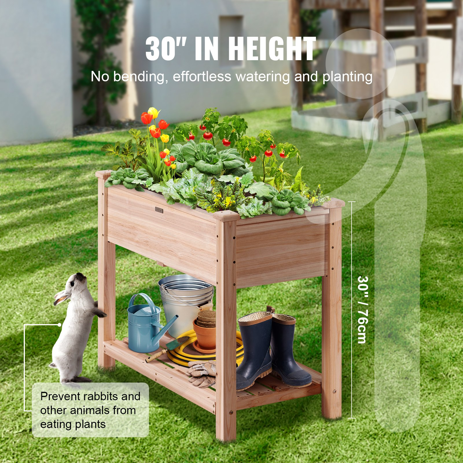 Start2Finish VEVOR raised wooden garden bed, 34x18x30 inches, elevated planter box with legs for flowers, vegetables, herbs outdoors.