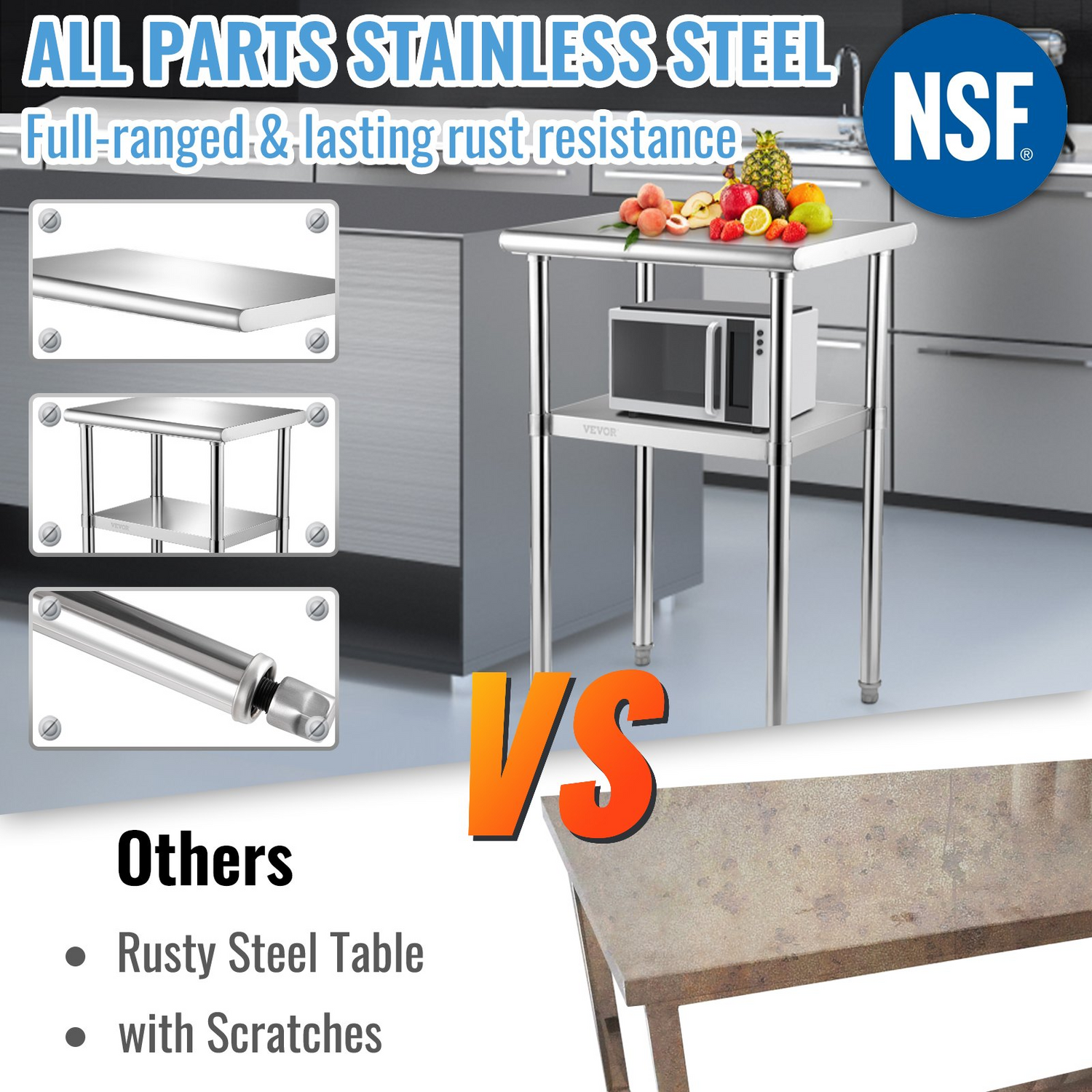 Start2Finish VEVOR stainless steel prep table with adjustable undershelf, heavy-duty work surface for commercial kitchens and garages.