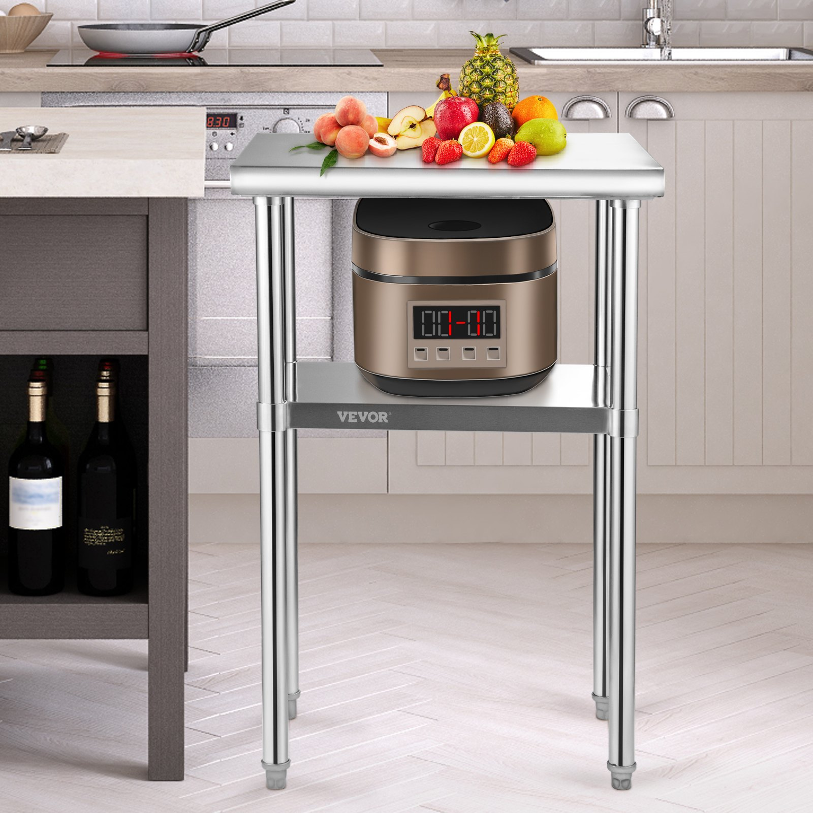 Start2Finish VEVOR stainless steel prep table with adjustable undershelf, heavy-duty kitchen worktable, 24x18x36 inches.