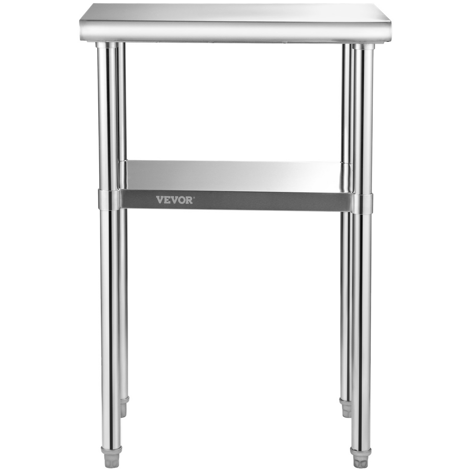 Start2Finish VEVOR stainless steel prep table with adjustable undershelf, heavy-duty work surface, and sturdy feet for commercial kitchens.