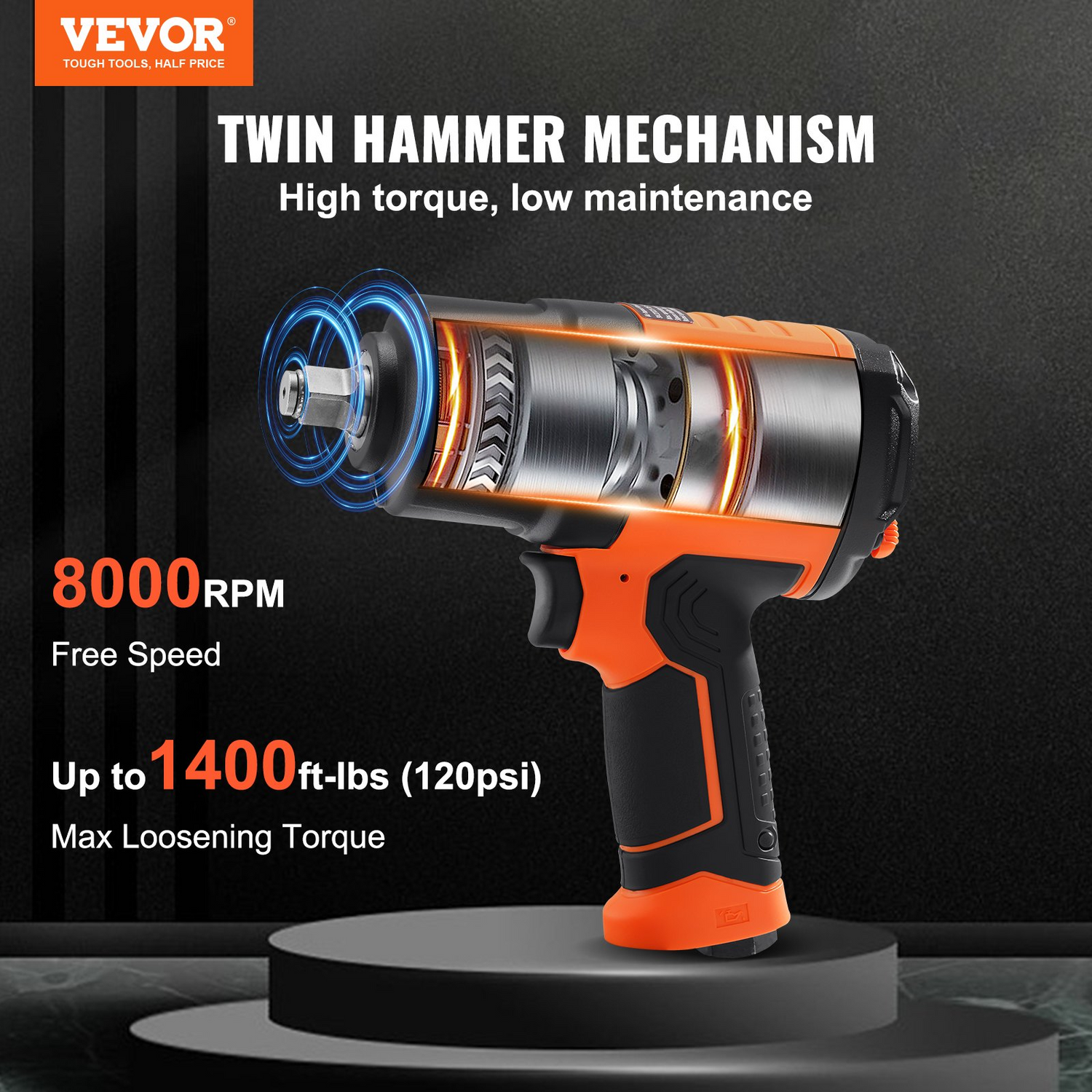 Start2Finish VEVOR 1/2-inch air impact wrench with high torque, lightweight design, and 11-piece impact socket set in carrying case.