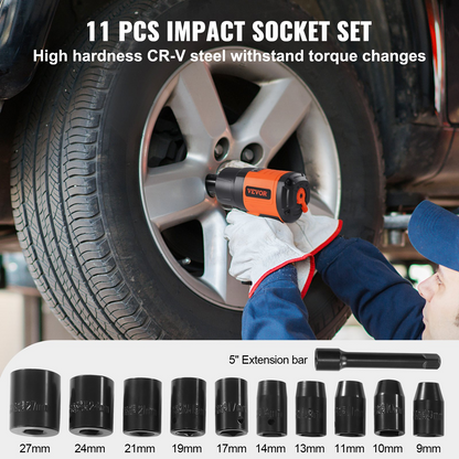 Start2Finish VEVOR 1/2-inch air impact wrench with high torque, lightweight design, and included 11-piece impact socket set in carrying case.