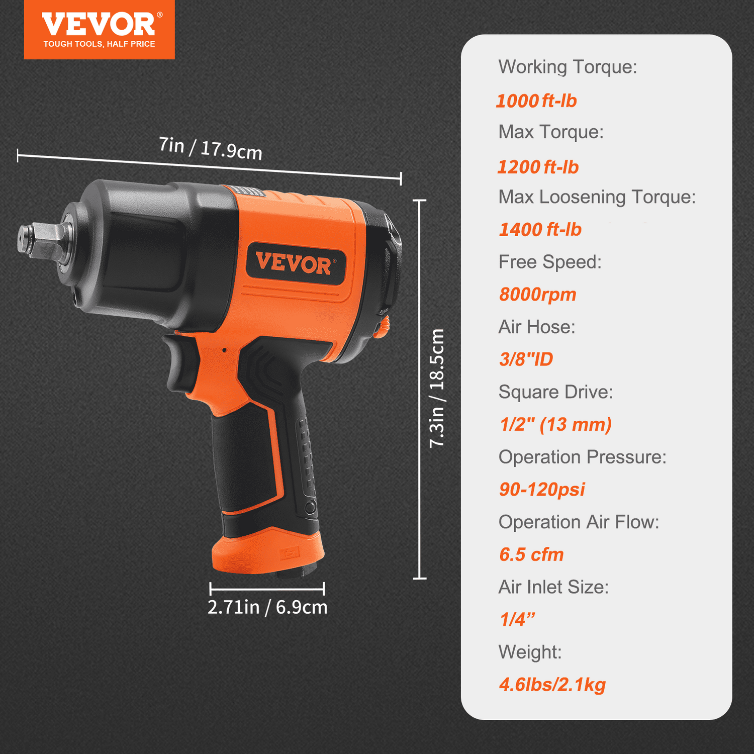 Start2Finish VEVOR 1/2-inch air impact wrench with high torque, lightweight design, and 11-piece impact socket set in carrying case.