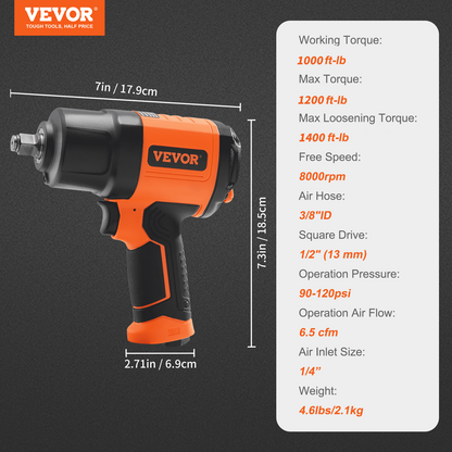 Start2Finish VEVOR 1/2-inch air impact wrench with high torque, lightweight design, and 11-piece impact socket set in carrying case.