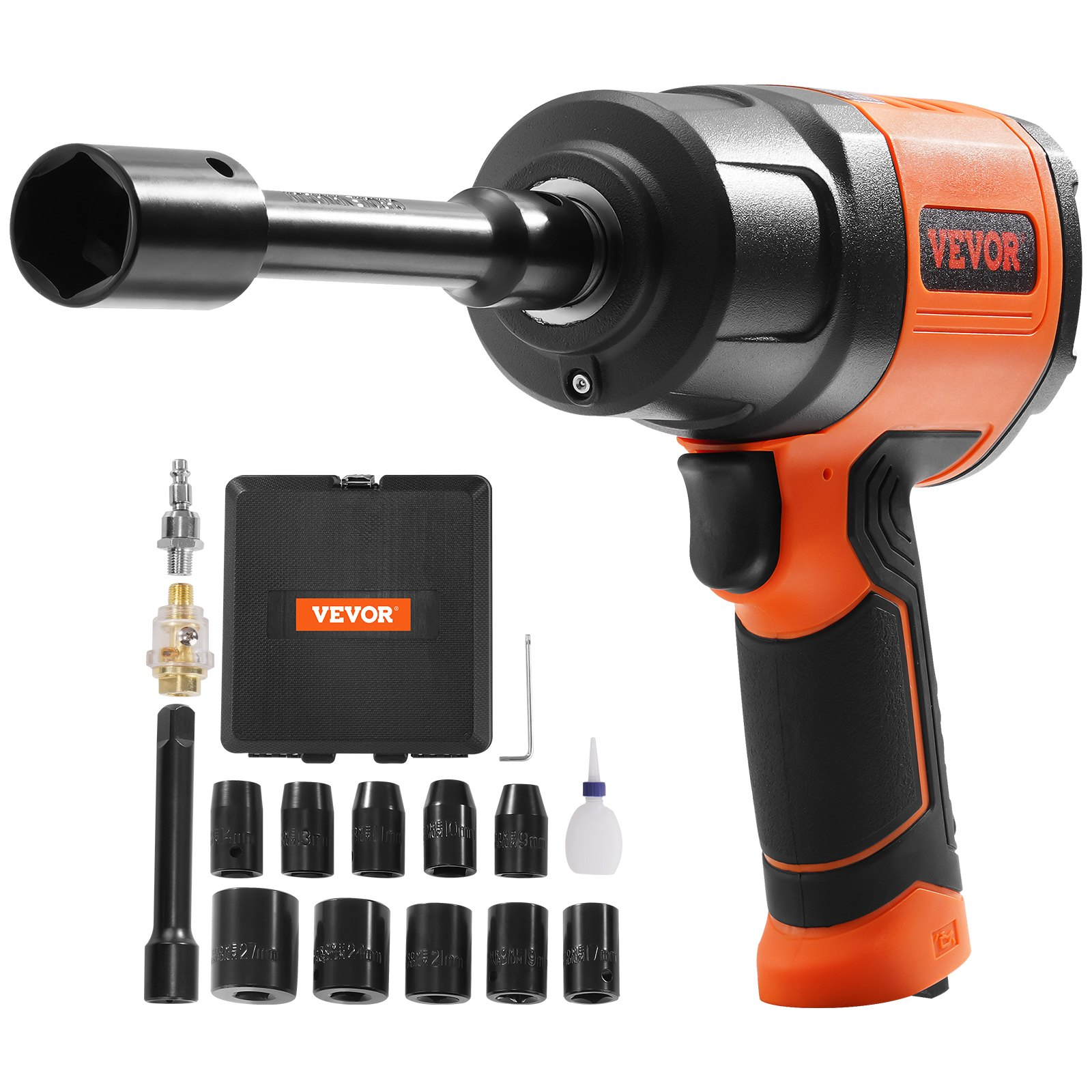 Start2Finish VEVOR 1/2-inch air impact wrench with high torque, lightweight design, and 11-piece impact socket set in carrying case.