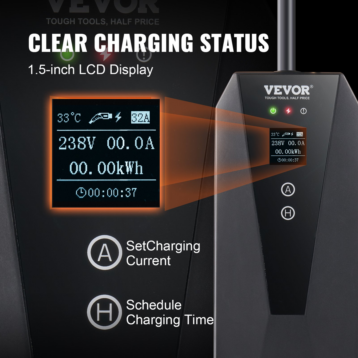 Start2Finish VEVOR Level 2 portable EV charger with 28 ft cable, NEMA 14-50P plug, adjustable current for home SAE J1772 electric vehicles.