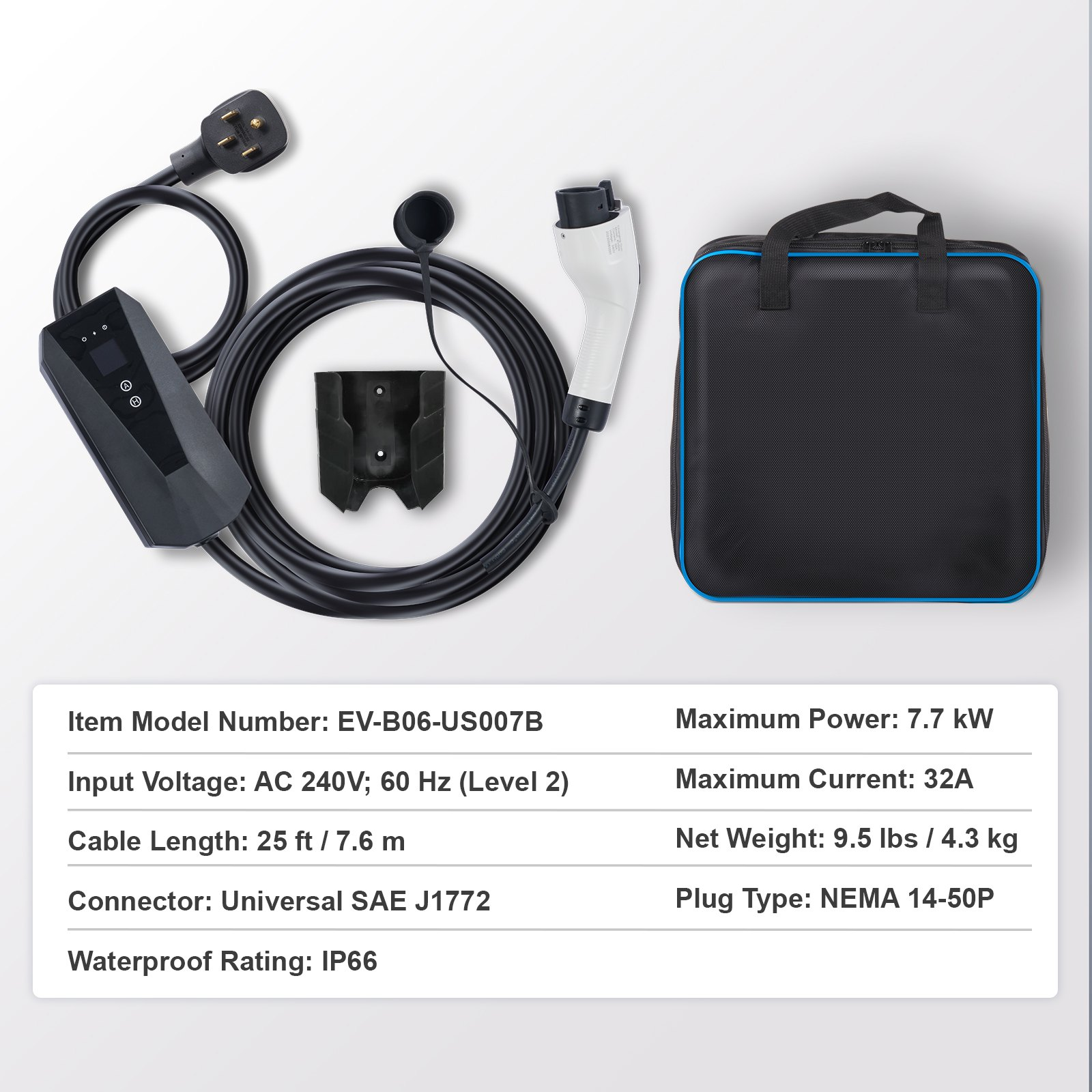 Start2Finish VEVOR Level 2 portable EV charger with 28 ft cable, 32 Amp, 240V, NEMA 14-50P plug for SAE J1772 electric vehicles.