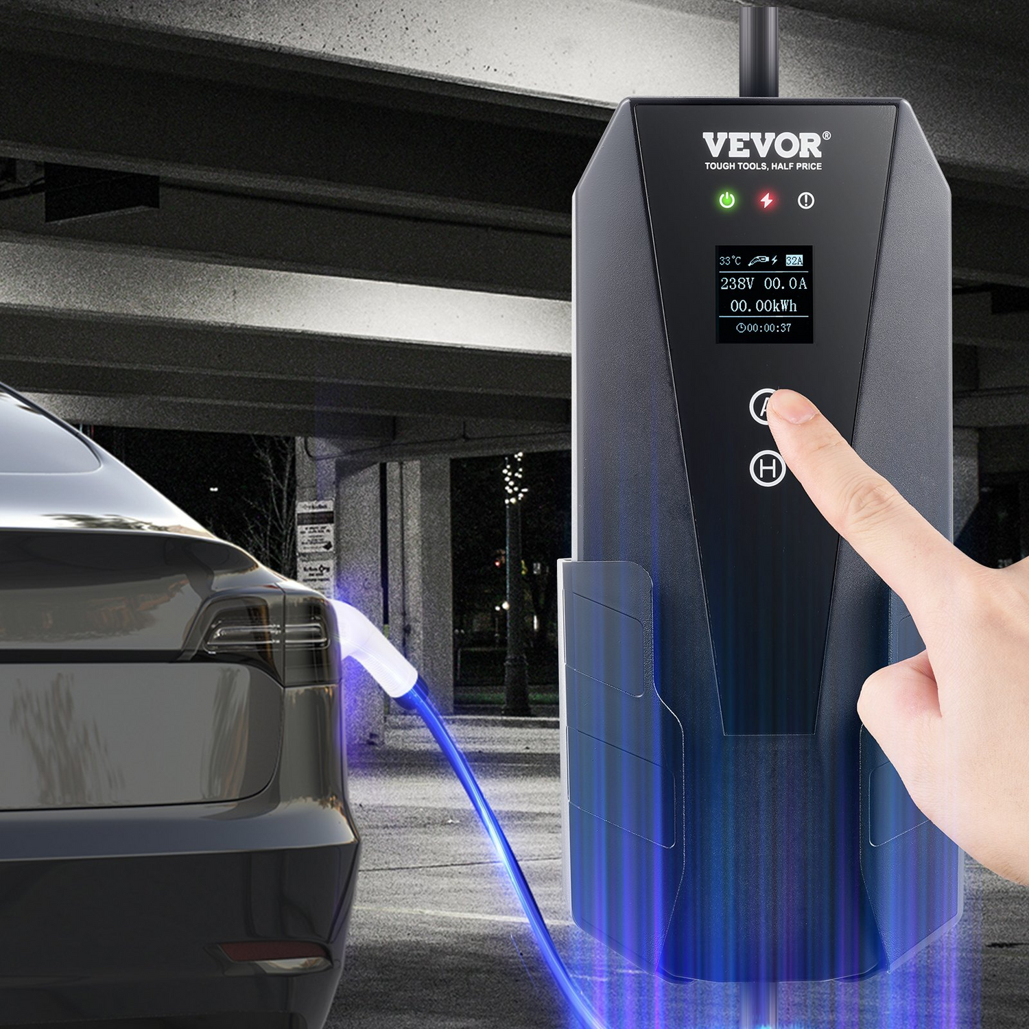 Start2Finish VEVOR Level 2 portable EV charger with 28 ft cable, NEMA 14-50P plug, adjustable current for home SAE J1772 EVs