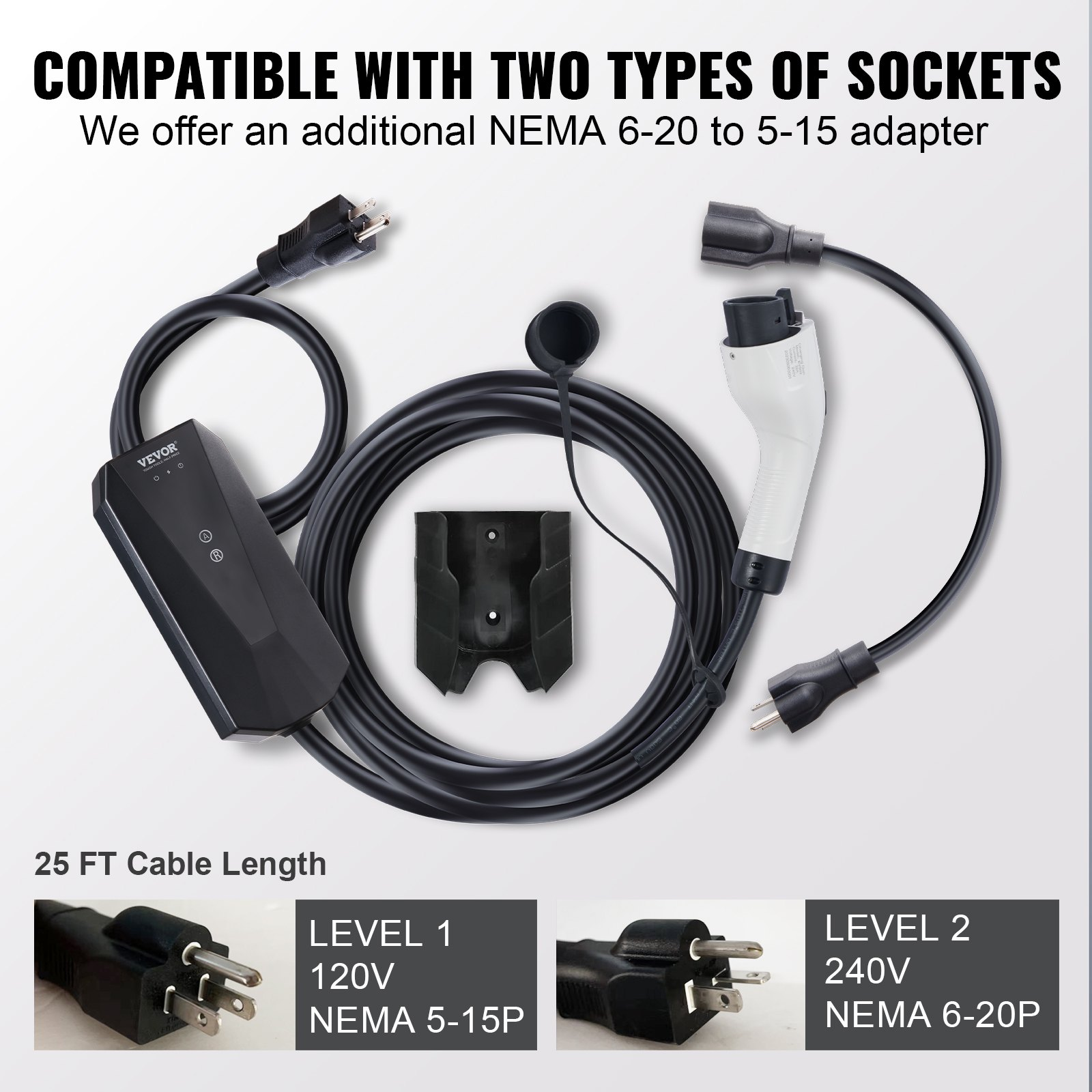 Start2Finish VEVOR Level 1+2 portable EV charger with 28-foot cable, NEMA 6-20P plug, SAE J1772 connector for home electric vehicles.