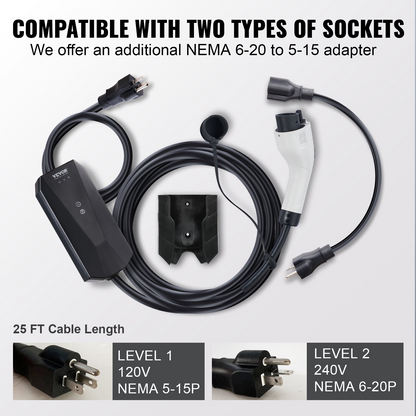 Start2Finish VEVOR Level 1+2 portable EV charger with 28-foot cable, NEMA 6-20P plug, SAE J1772 connector for home electric vehicles.