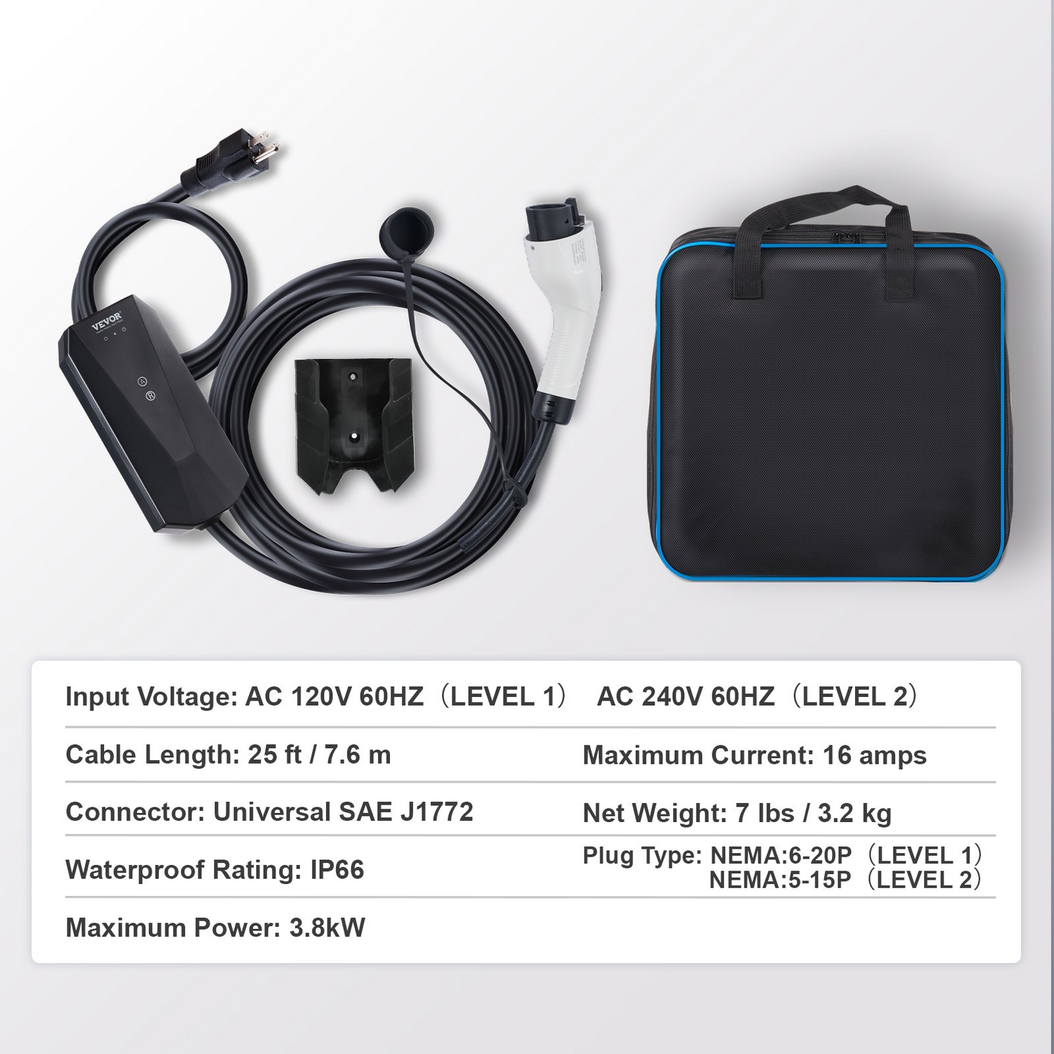 Start2Finish VEVOR Level 1+2 portable EV charger with 28-foot cable, NEMA 6-20P plug, SAE J1772 connector for electric vehicles