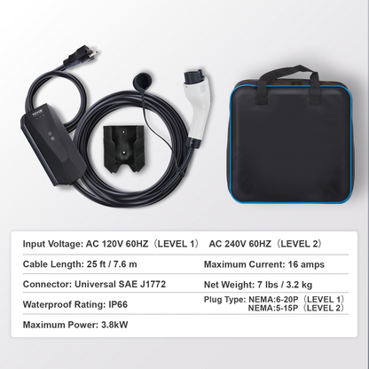 Start2Finish VEVOR Level 1+2 portable EV charger with 28-foot cable, NEMA 6-20P plug, SAE J1772 connector for electric vehicles