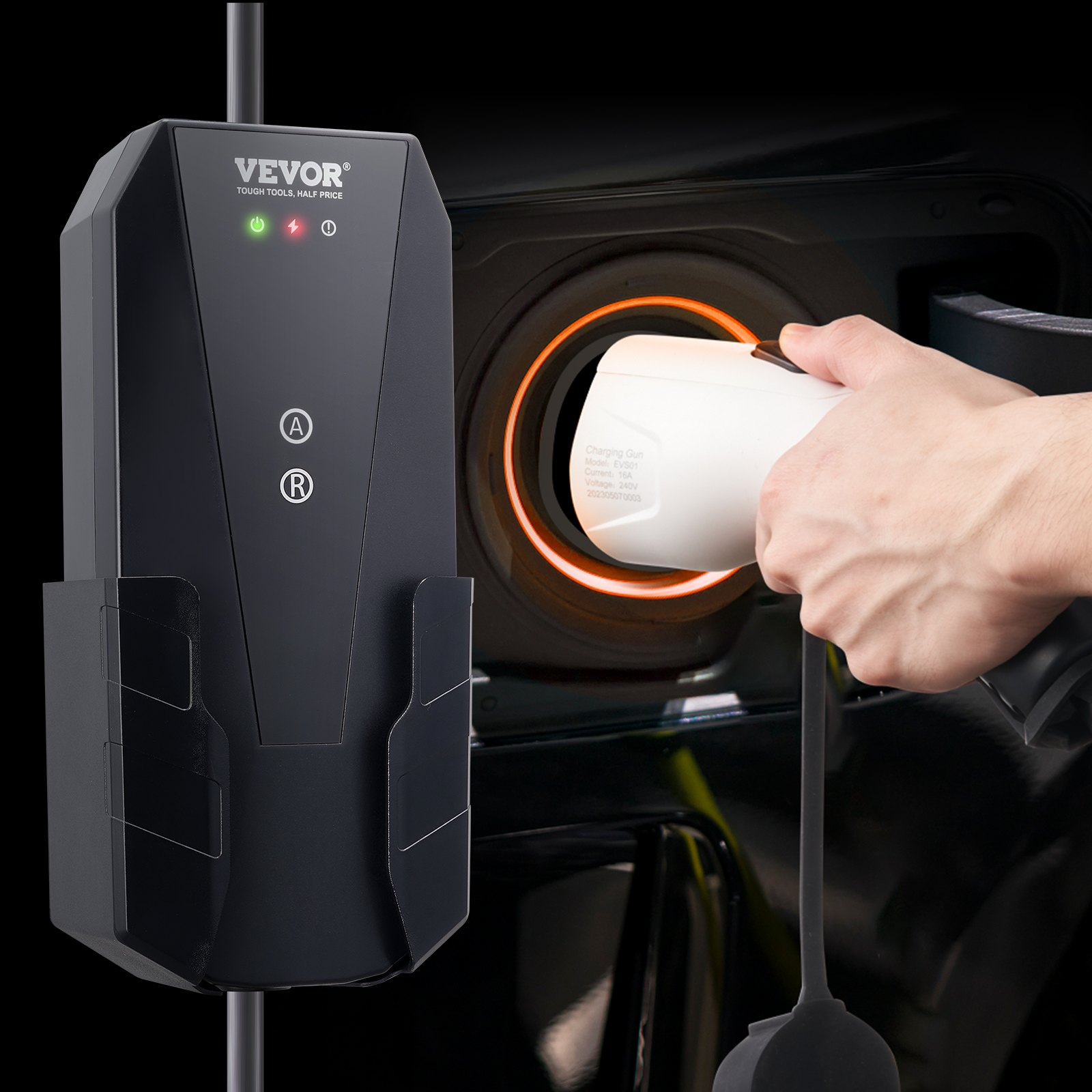 Start2Finish VEVOR Level 1+2 portable EV charger with 28-foot cable, NEMA 6-20P plug, SAE J1772 connector for home electric vehicles.