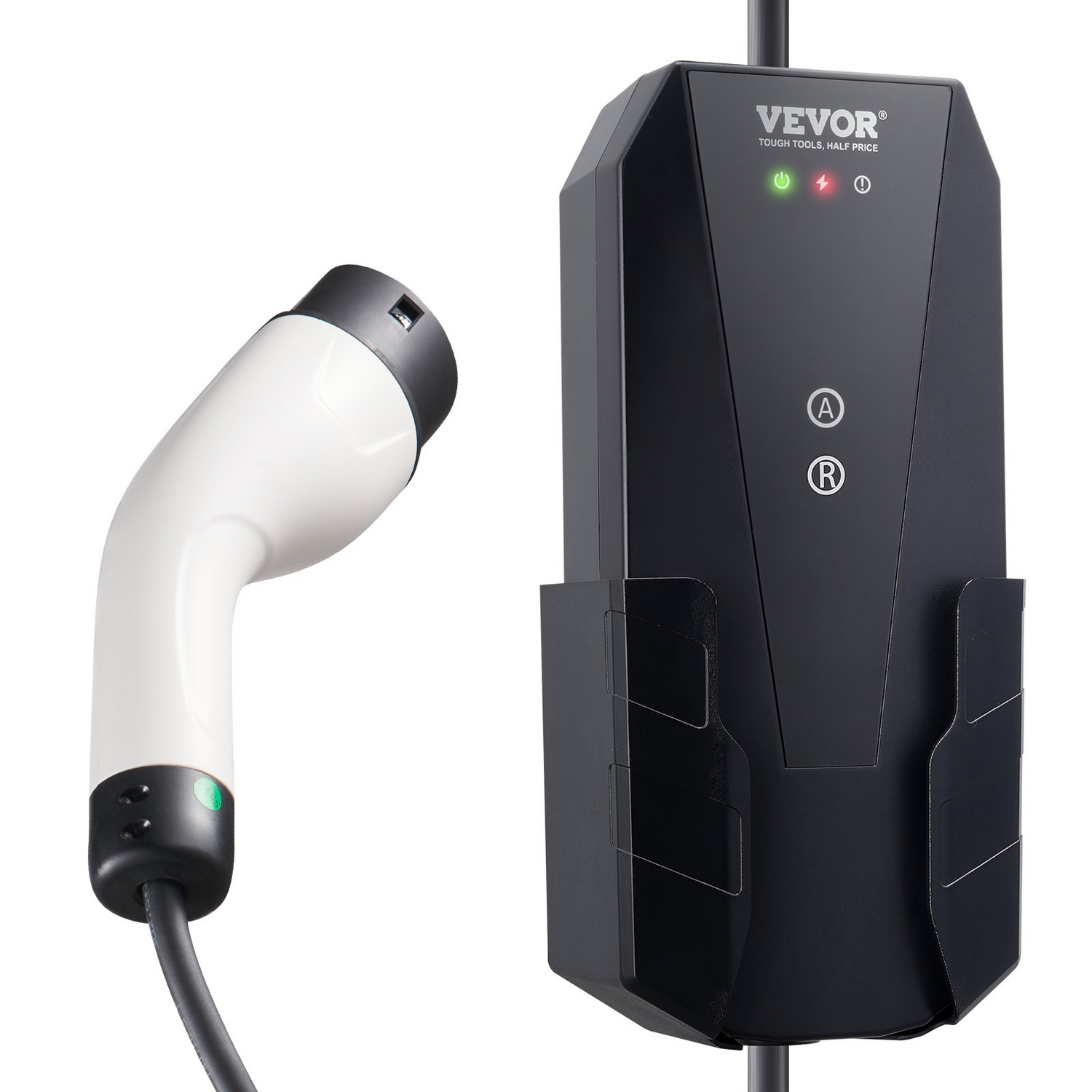 Start2Finish VEVOR Level 1+2 portable EV charger with 28-foot cable, NEMA 6-20P plug, for SAE J1772 electric vehicles.