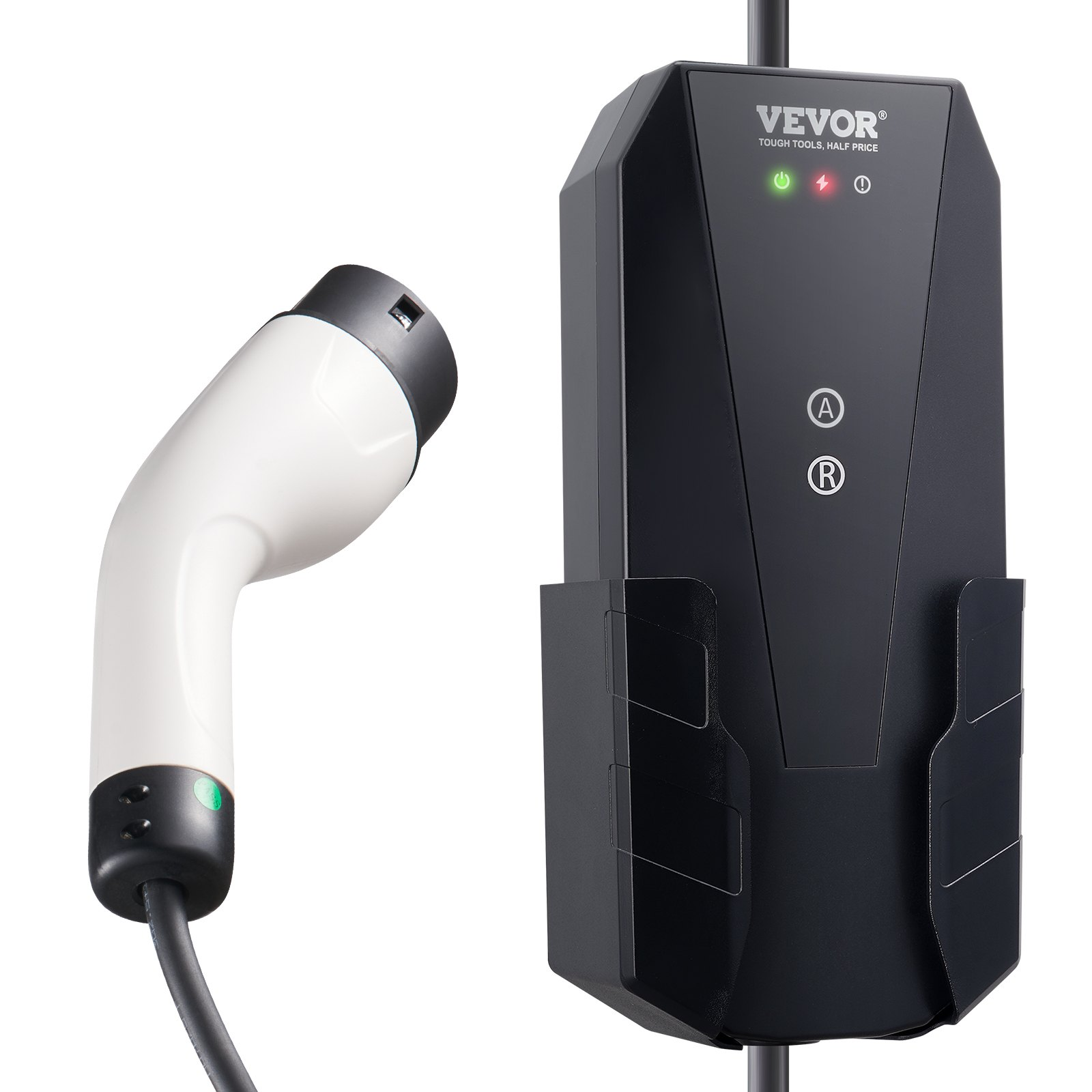 Start2Finish VEVOR Level 1+2 portable EV charger with 28-foot cable, NEMA 6-20P plug, for SAE J1772 electric vehicles.