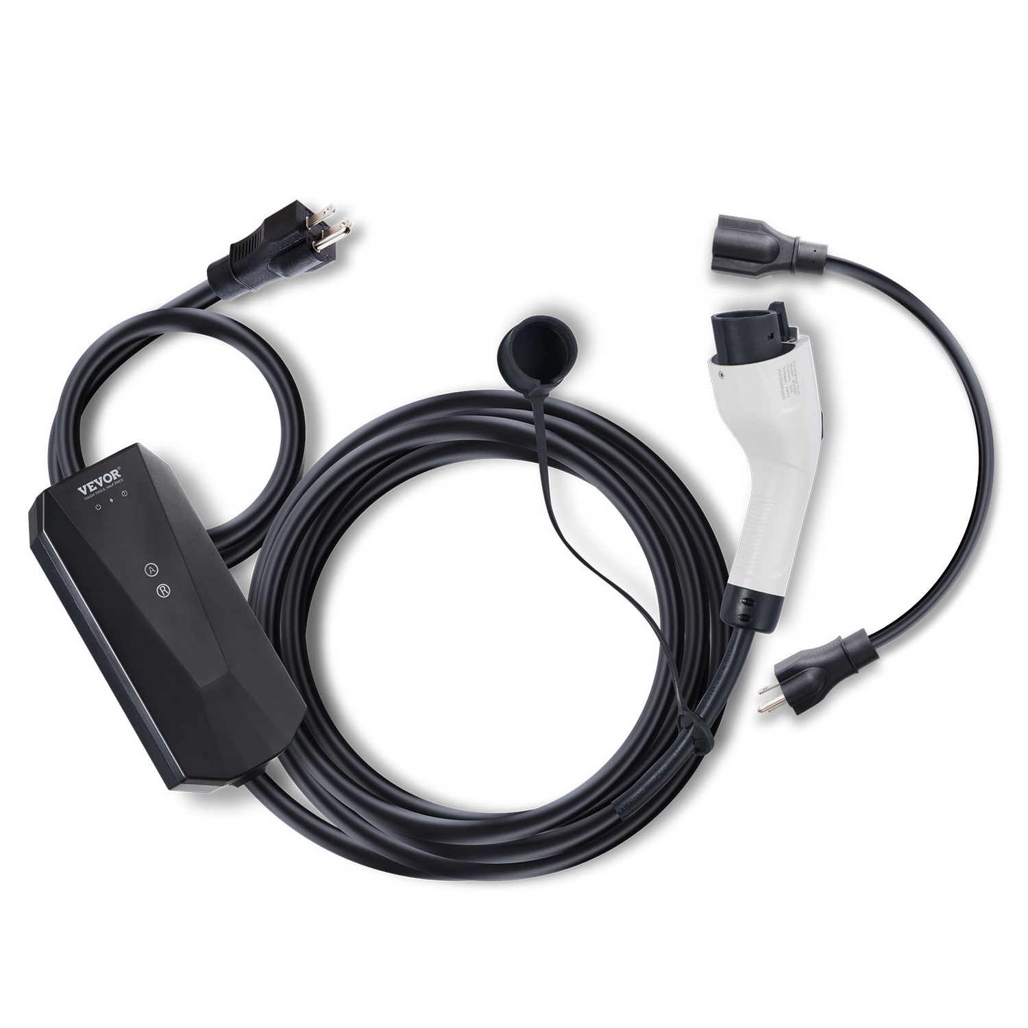 Start2Finish VEVOR Level 1+2 portable EV charger with 28-foot cable, NEMA plugs, for home electric vehicle charging.