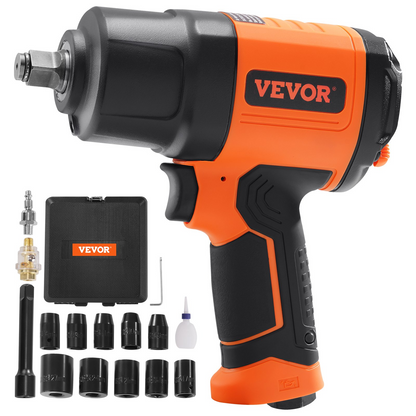 Start2Finish VEVOR 1/2-inch air impact wrench with high torque, lightweight design, 11-piece impact socket set, and carrying case.