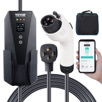 Start2Finish VEVOR Level 2 portable EV charger with 28 ft cable, 240V, 32A, NEMA 14-50P plug, adjustable current for home charging