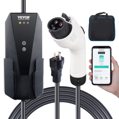 Start2Finish VEVOR Level 1+2 portable EV charger with 28-foot cable, NEMA plugs, for SAE J1772 electric vehicles at 120V or 240V.