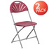 Two burgundy plastic folding chairs with fan back design, 650 lb. capacity, from the HERCULES Series by Start2Finish.