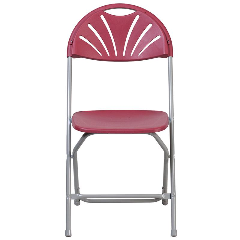 Two burgundy HERCULES Series plastic folding chairs with fan back design and 650 lb. capacity, ideal for events and gatherings.