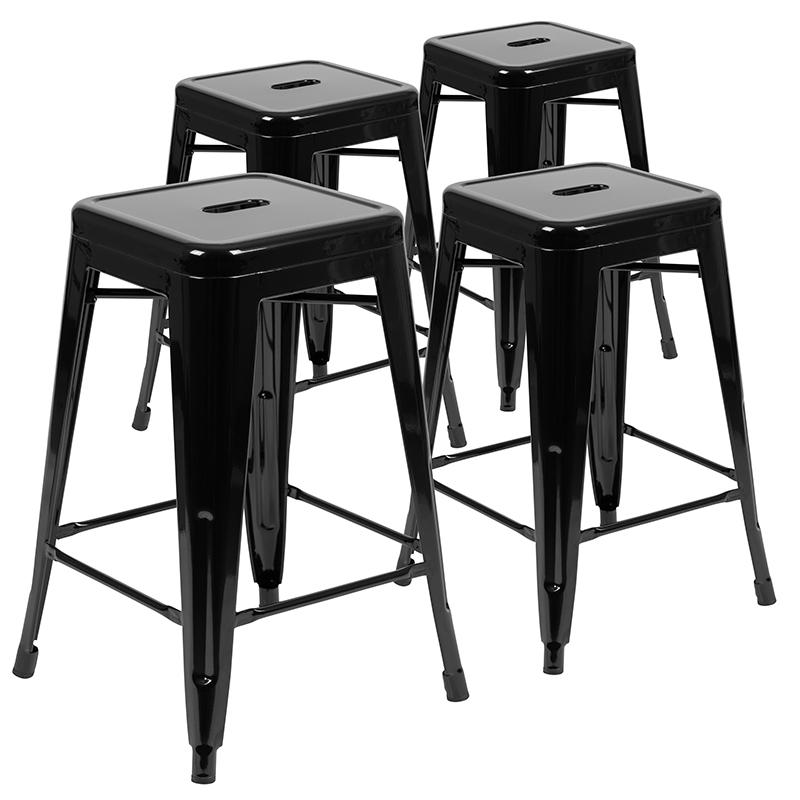 Set of four black 24-inch metal counter-height bar stools by Start2Finish, stackable indoor seating with sleek modern design.