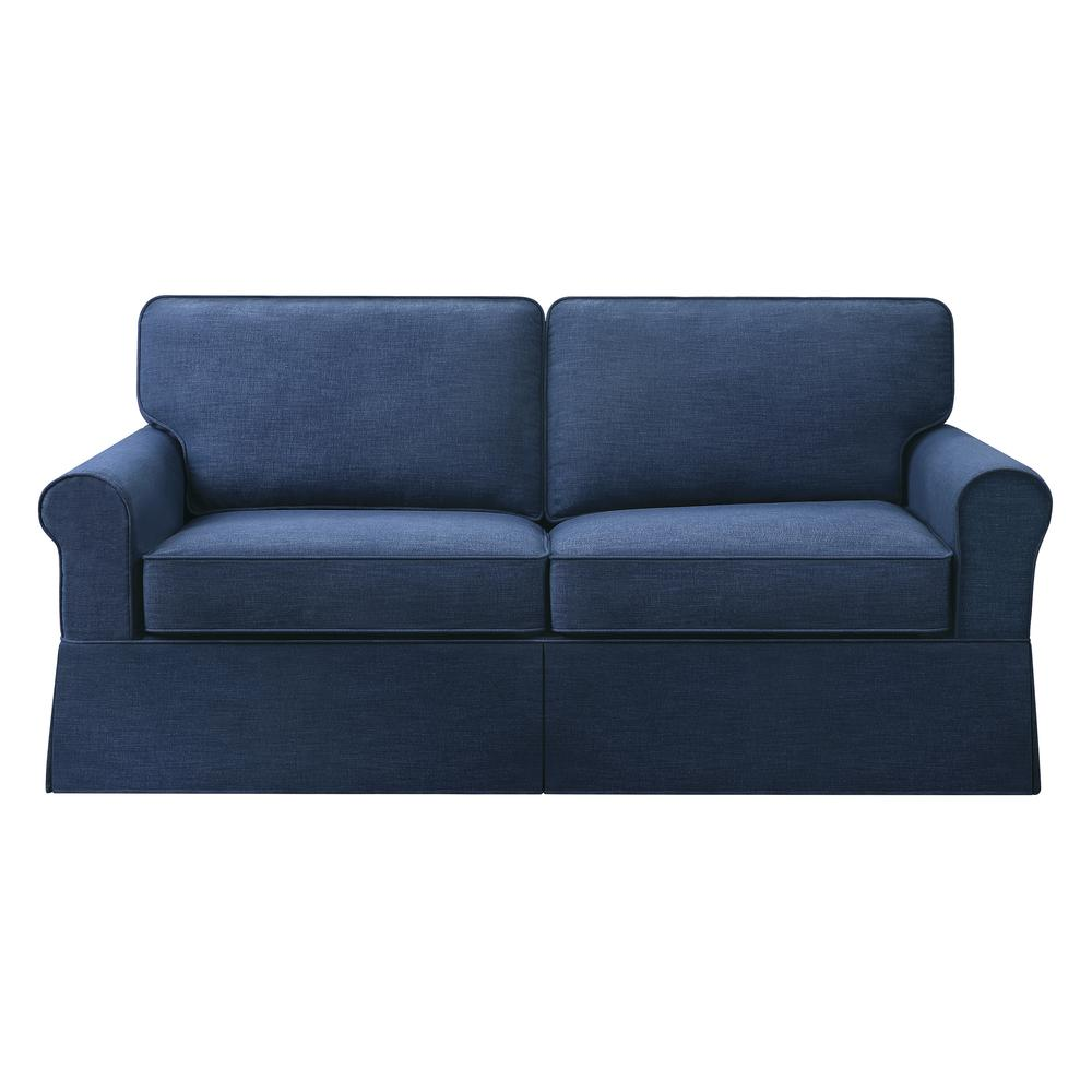 Navy fabric slip cover for sofa by Start2Finish, showing fitted cover draped over a couch for a clean, protected look.