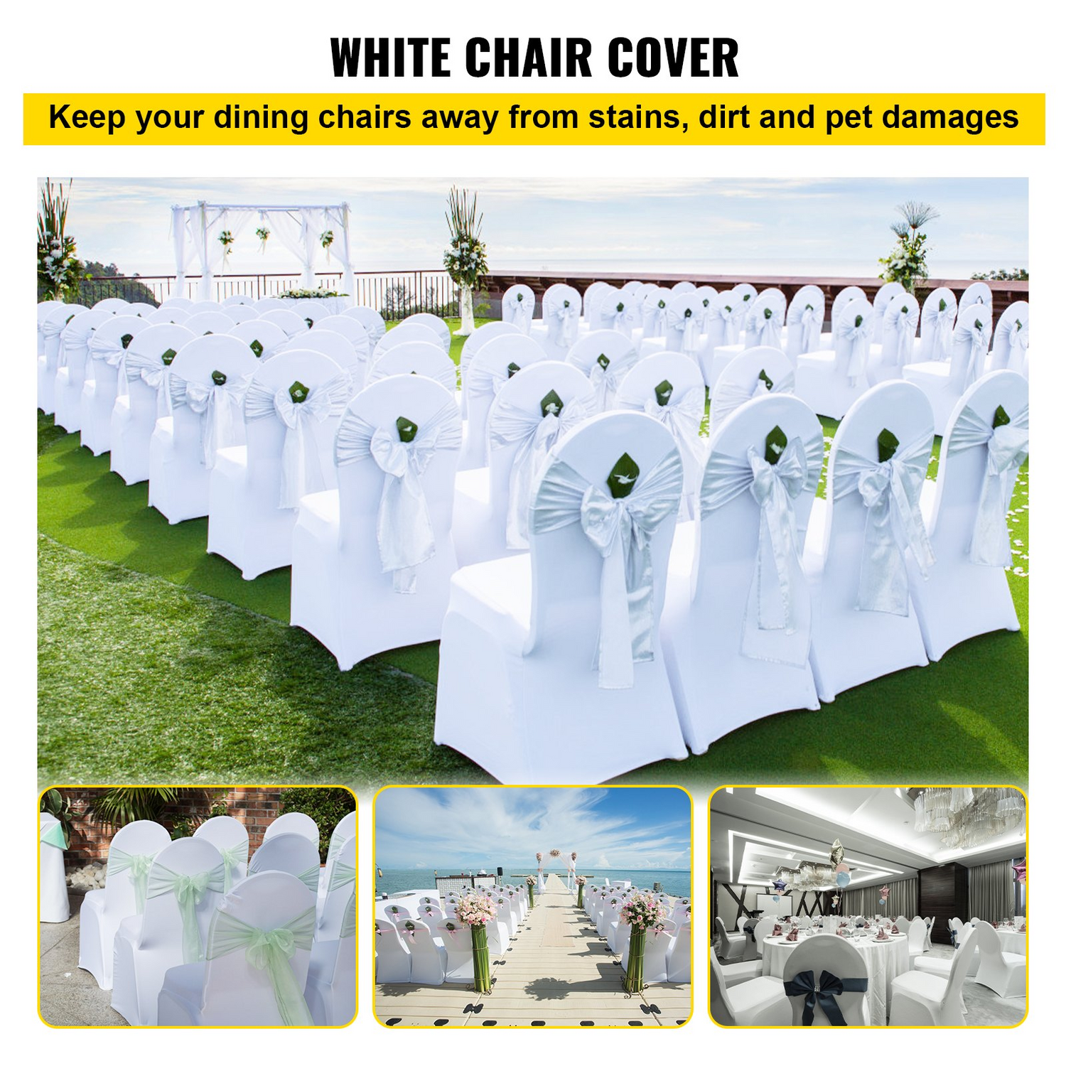 White VEVOR Stretch Spandex folding chair cover on a banquet chair, showing fitted design and smooth fabric fit for events.