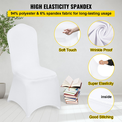 White VEVOR Stretch Spandex folding chair covers fitting standard chairs, ideal for weddings, banquets, and parties.