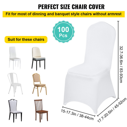 Set of white VEVOR stretch spandex folding chair covers fitting various chairs, ideal for weddings, parties, and events.