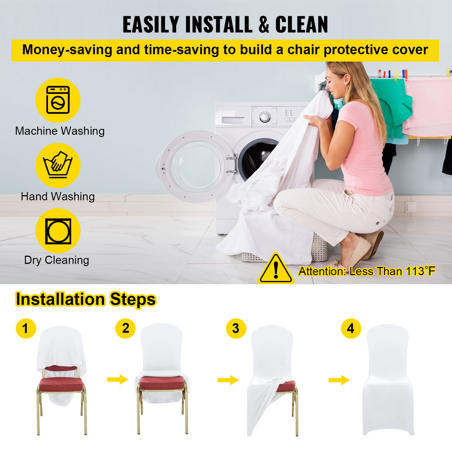 White VEVOR Stretch Spandex folding chair cover fitted on a chair for wedding or event use. Removable and washable protective slipcover.