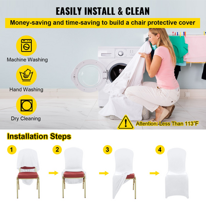White VEVOR Stretch Spandex folding chair cover fitted on a chair for wedding or event use. Removable and washable protective slipcover.