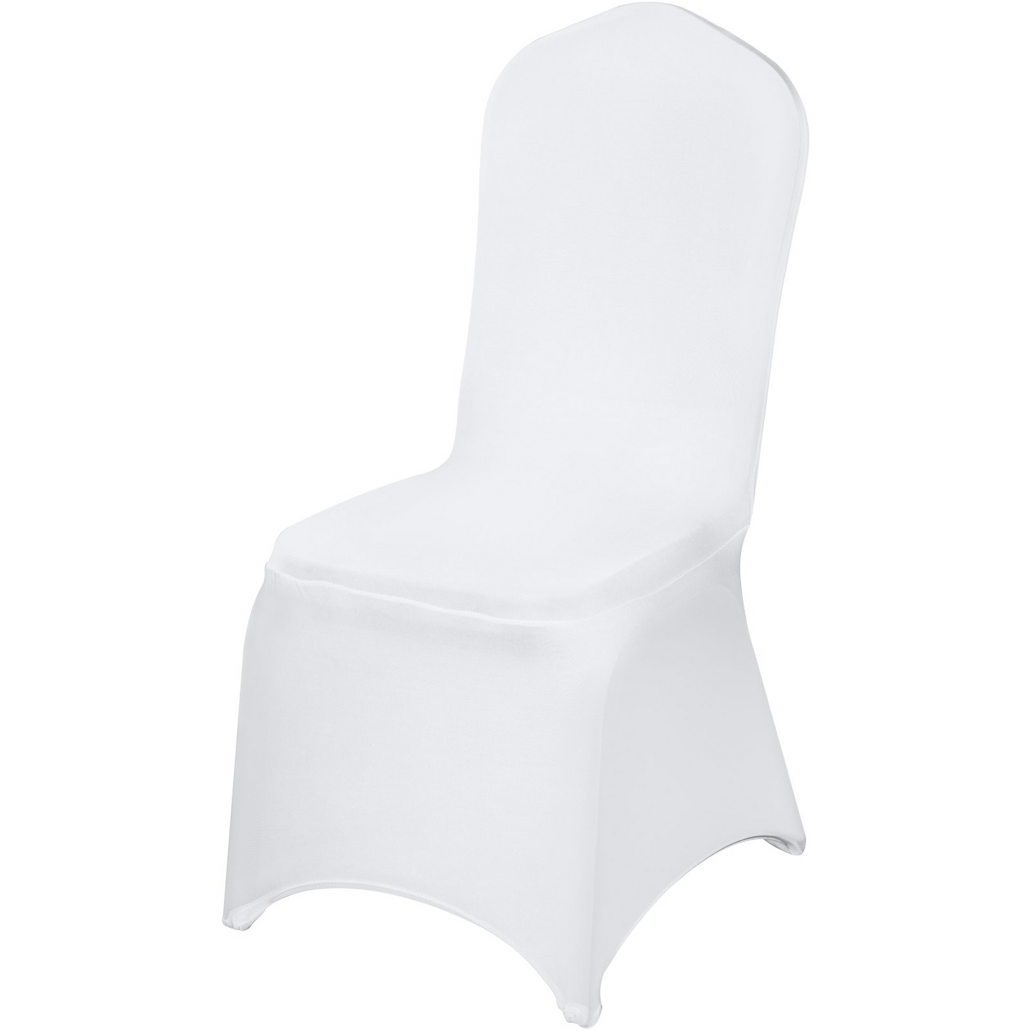 White VEVOR stretch spandex folding chair cover on a banquet chair, showing fitted design and smooth fabric for events and celebrations.