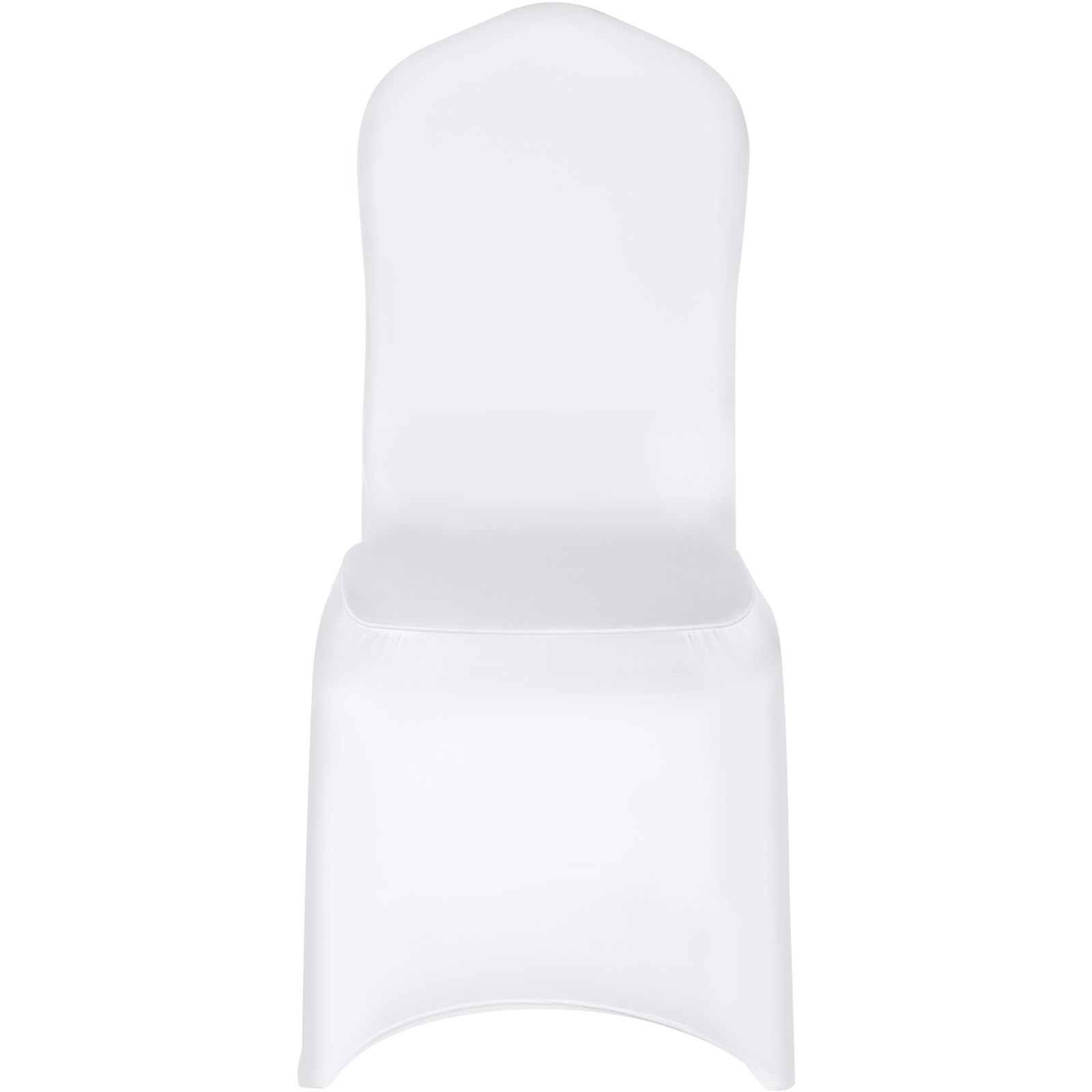White VEVOR stretch spandex folding chair covers on chairs, showing fitted, washable, protective slipcovers for events and celebrations.