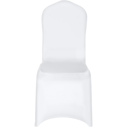 White VEVOR stretch spandex folding chair covers on chairs, showing fitted, washable, protective slipcovers for events and celebrations.