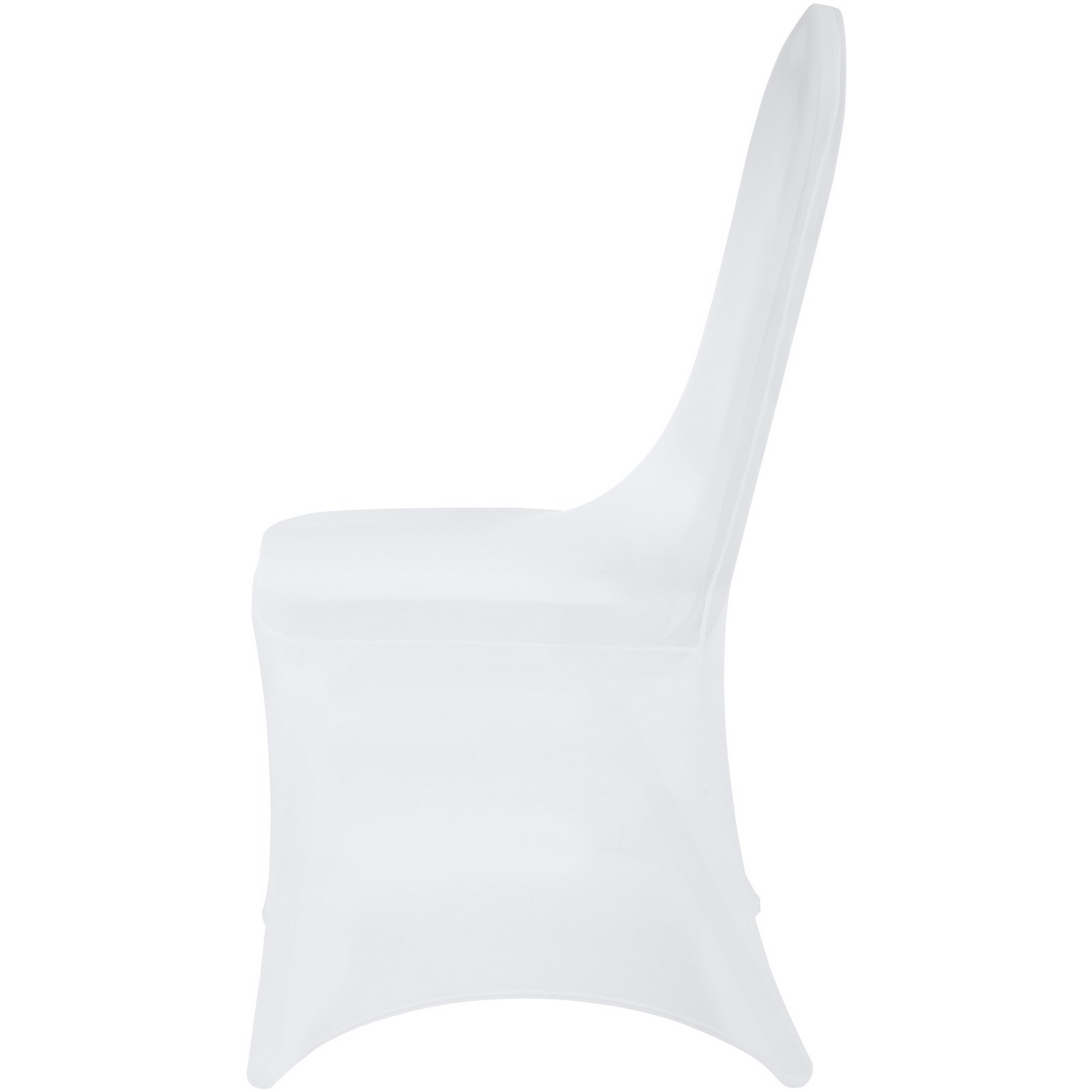 White VEVOR Stretch Spandex folding chair covers fitted for weddings, parties, and events, shown on banquet chairs.