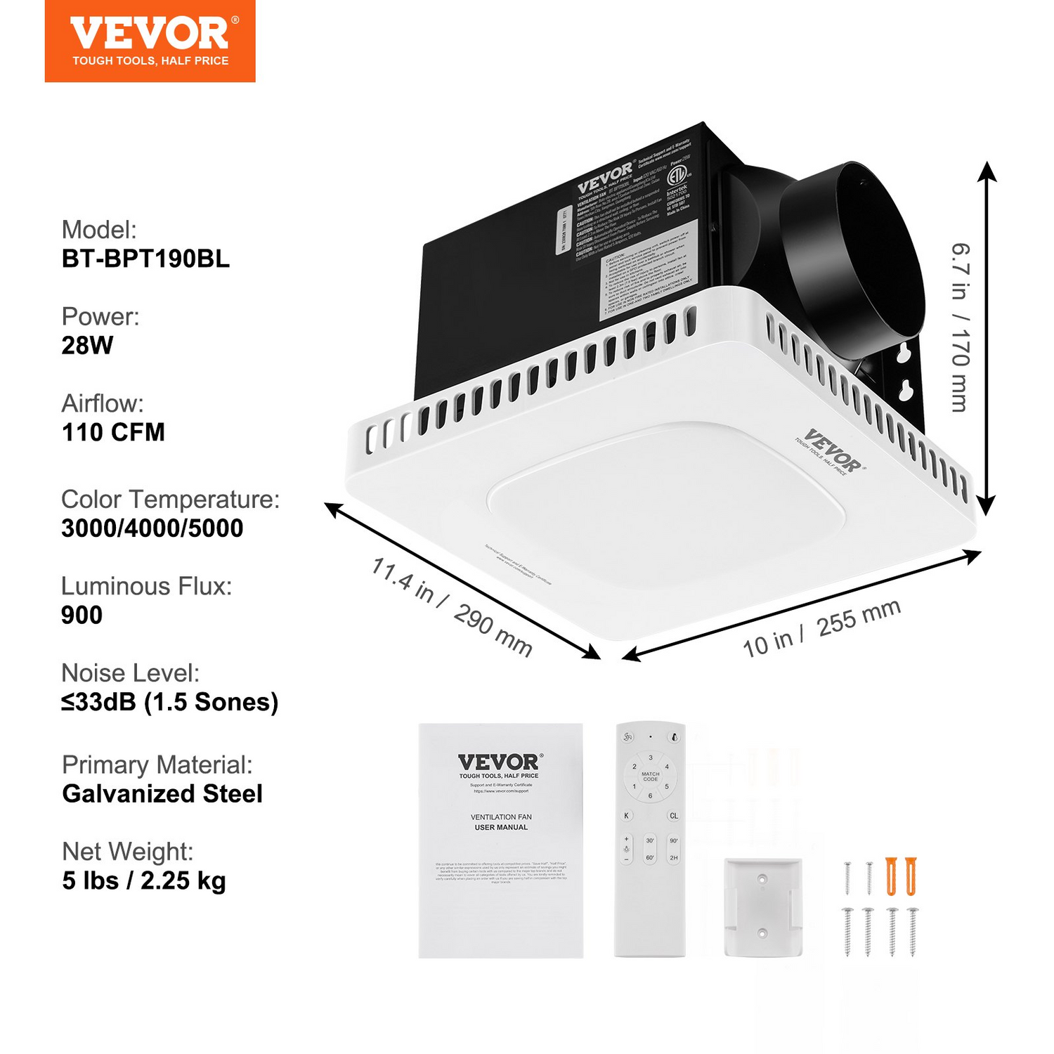 Start2Finish VEVOR bathroom exhaust fan with 110 CFM airflow, all-copper motor, low noise, energy-efficient ceiling ventilation unit