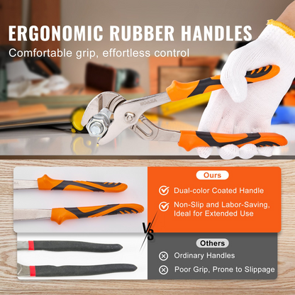 Start2Finish VEVOR 3-piece groove joint pliers set with adjustable water pump pliers in 12, 10, and 8 inches, heat-treated high carbon steel.