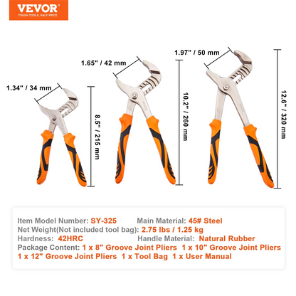 Start2Finish VEVOR 3-piece groove joint pliers set with adjustable high carbon steel water pump pliers for home repair and gripping.