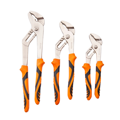 Start2Finish VEVOR 3-piece groove joint pliers set with adjustable water pump pliers, high carbon steel, for home repair and gripping tasks.