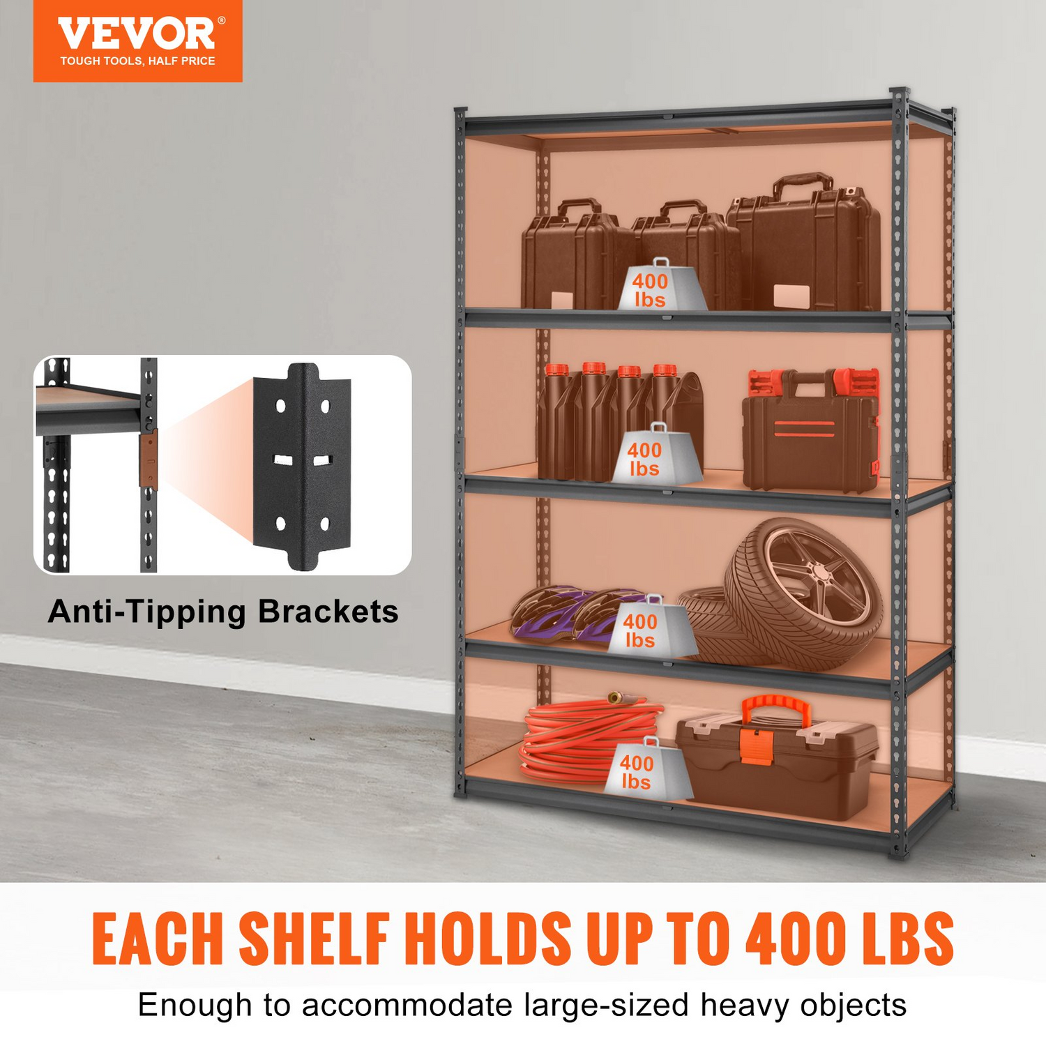 Start2Finish VEVOR 5-tier heavy-duty metal storage shelving unit in black, adjustable garage or pantry organizer with 2000 lbs capacity