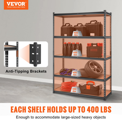 Start2Finish VEVOR 5-tier heavy-duty metal storage shelving unit in black, adjustable garage or pantry organizer with 2000 lbs capacity