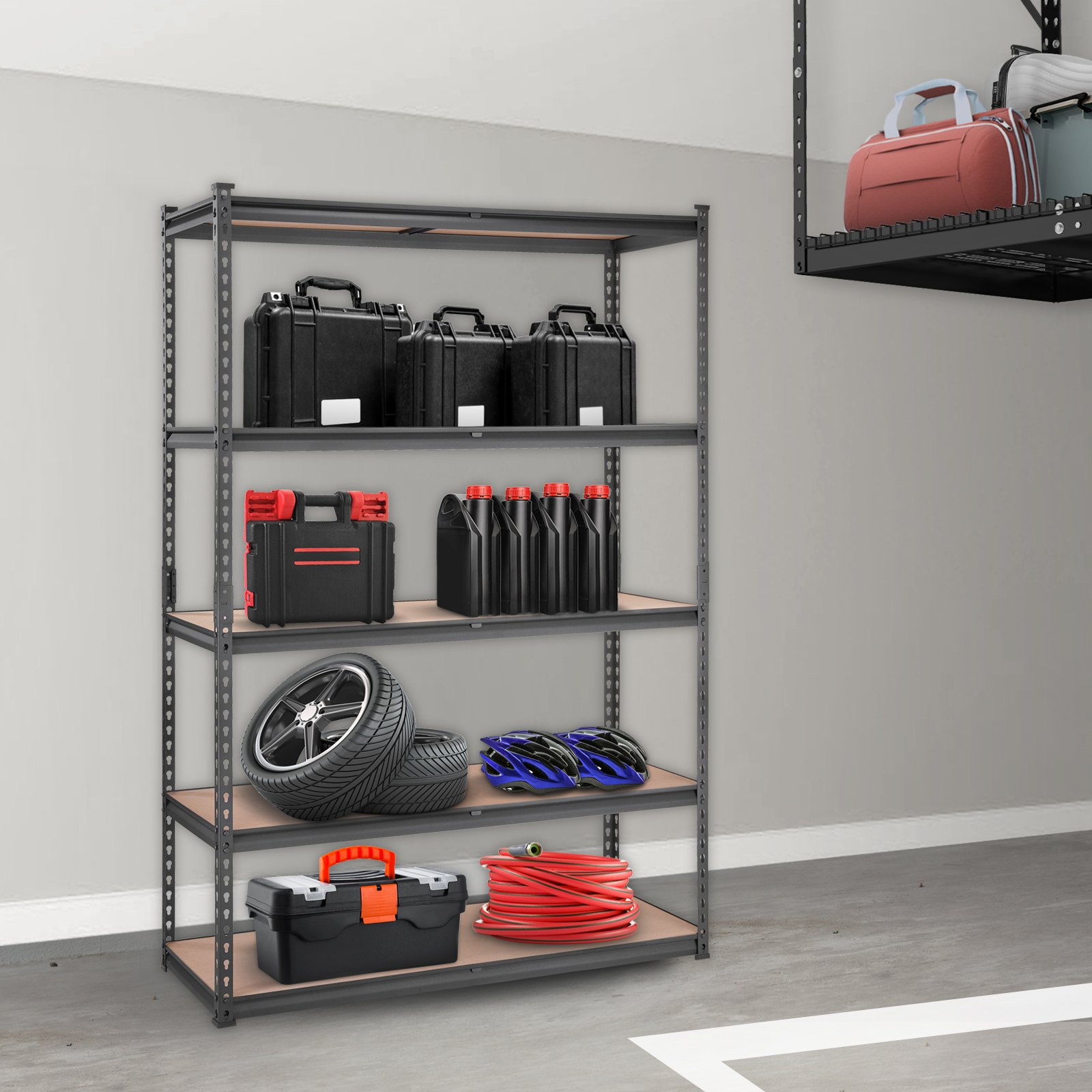 Start2Finish VEVOR 5-tier heavy-duty black metal shelving unit with adjustable shelves, 2000 lbs capacity, for garage, kitchen, or basement.