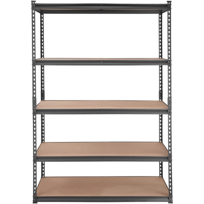 Heavy-duty black VEVOR 5-tier adjustable storage shelving unit with metal frame, 2000 lbs capacity, ideal for garage, pantry, or basement.